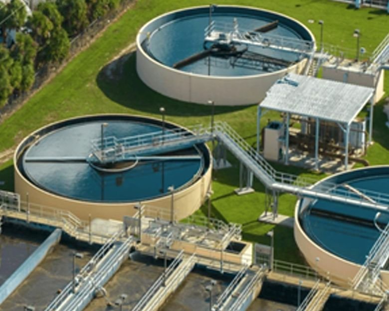 Municipal treatment plant with circular clarifiers seen from the air