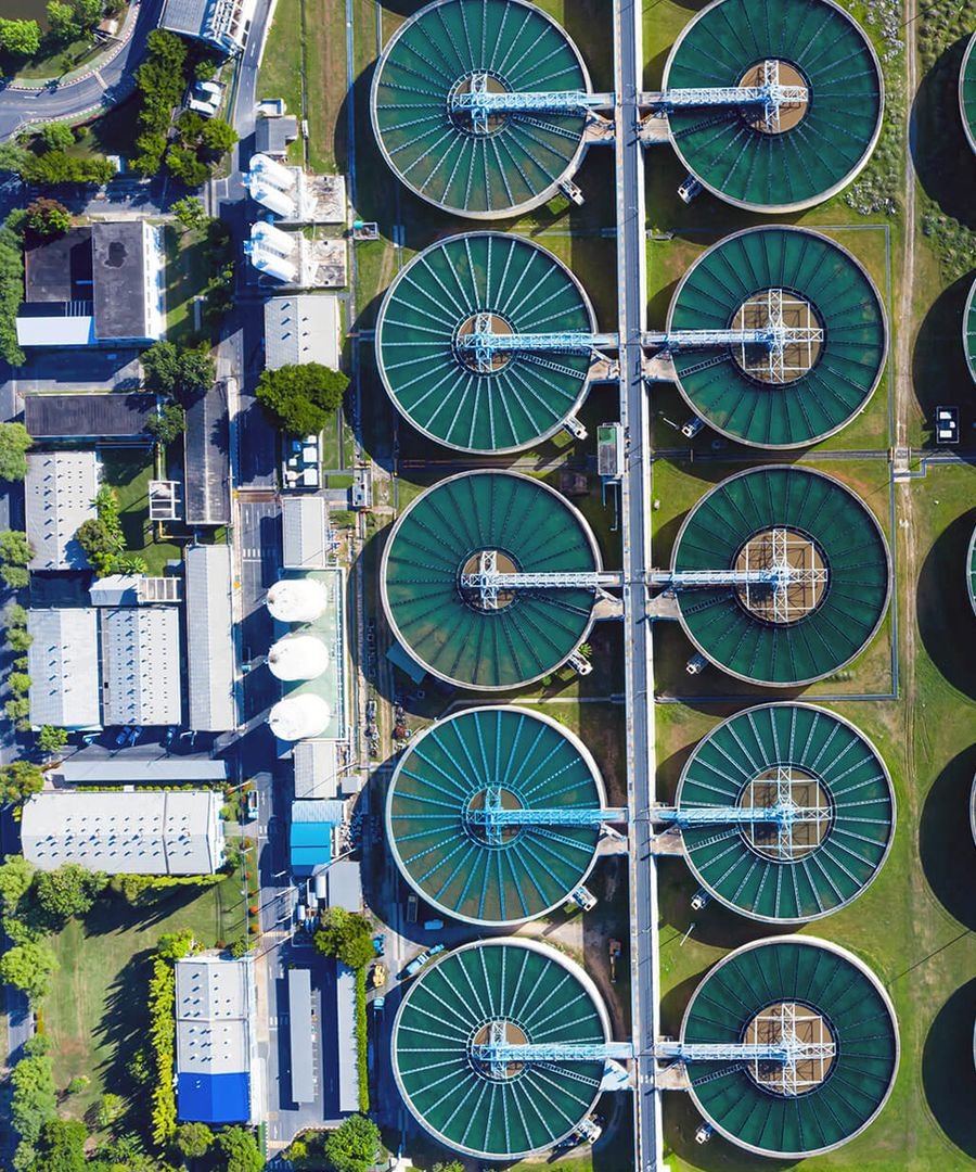 Rows of circular secondary clarifiers viewed directly from above